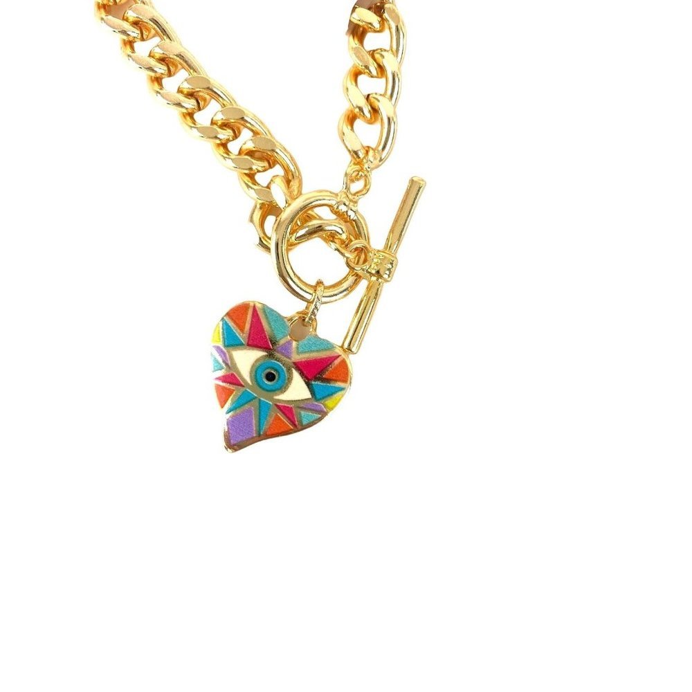 Evil Eye Mosaic Heart Charm Bracelet with Toggle Closure Made in Turkey - Picture 3 of 3